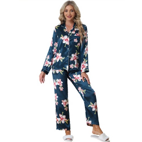 cheibear Women's Satin Silky Floral Button Down Long Sleeve Sleepshirt with  Pants 2-Piece Pajama Set Navy Blue Large