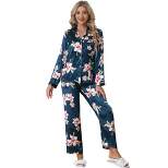 cheibear Womens Satin Silky Floral Pajama Set Button Down Long Sleeve Shirt Pants Sleepwear 2pcs