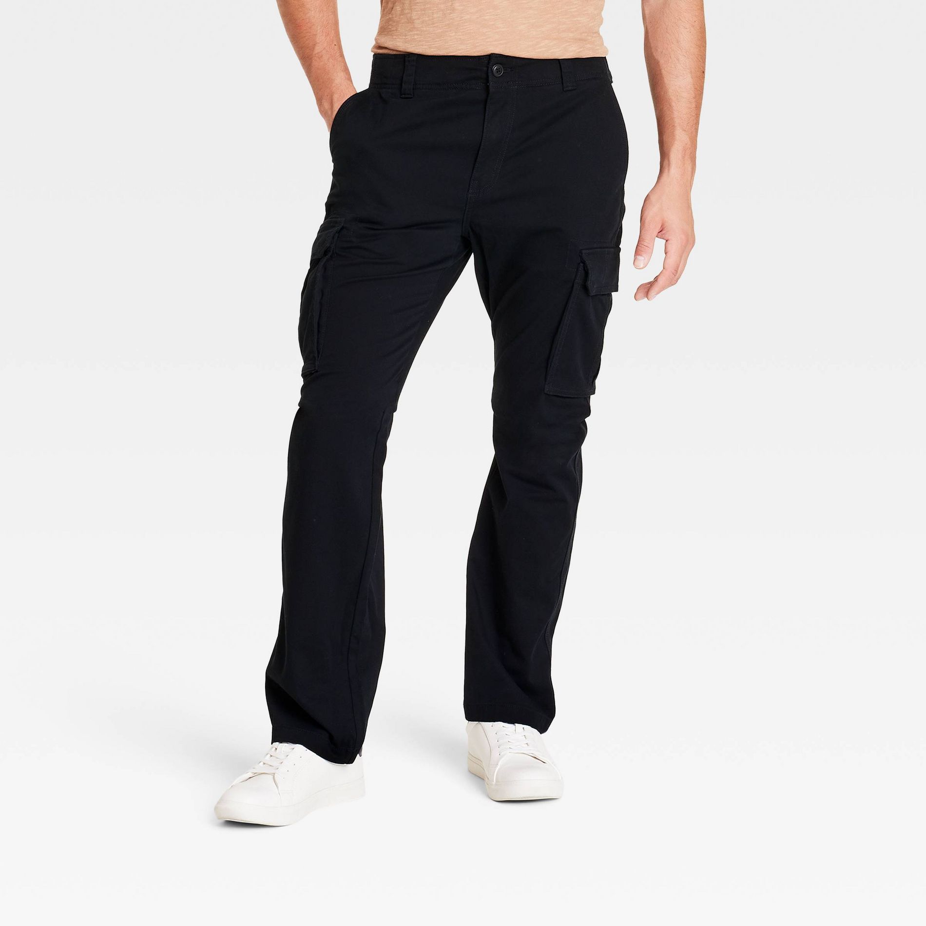 Men's Straight Fit Cargo Pants - Goodfellow & Co™ Black 30x34: Midweight Cotton Blend, Stretch, Fly Button and Zipper