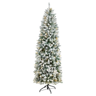 Nearly Natural 7-ft Slim Flocked Montreal Fir Christmas Tree with 300 Warm White LED Lights and 995 Bendable Branches