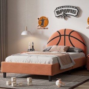 Twin Size Platform Bed, Sport Style Upholstered Bed Frame with Basketball Design for Boys & Girls, Teens, Orange -ModernLuxe - 1 of 4
