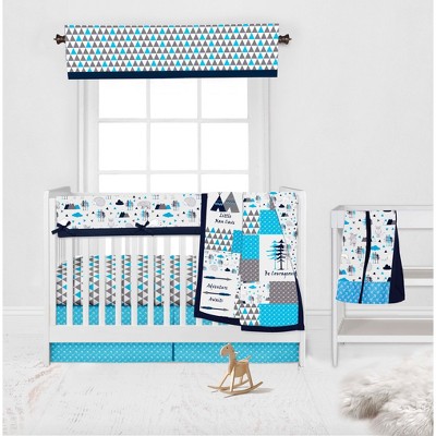 Bacati - Woodlands Aqua/Navy/Grey 6 pc Crib Bedding Set with Long Rail Guard Cover