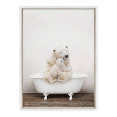 White Framed Canvas Art with Polar Bears in Bathtub, 18" x 24"