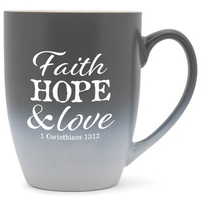 Elanze Designs Faith, Hope & Love 1 Corinthians 13:13 Two Toned Ombre Matte Grey and White 12 ounce Ceramic Stoneware Coffee Cup Mug