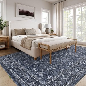 Vintage Rug for Living Room Washable Floral Print Bedroom Carpet, Non-Slip Oriental Distressed Floor Mat - 1 of 4