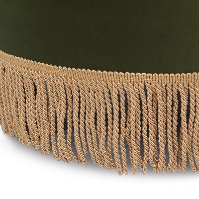 Olive Green Velvet Tufted Round Ottoman with Fringe