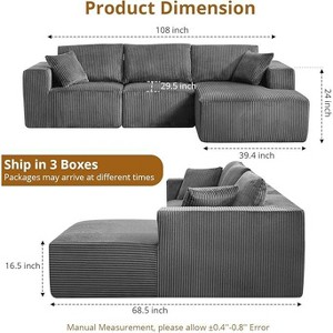 Coucheta 108" L-Shaped Sectional Cloud Couch - Boneless Design, No Assembly, Convertible Sleeper, Deep Corduroy Seat, Multiple Colors - 1 of 4