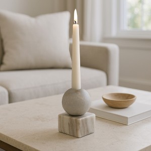 Marble Candle Holder for Taper Candles - Spherical Accent and Square Base - Candlestick Holder for Dining Room, Shelf, or Coffee Table - 1 of 4