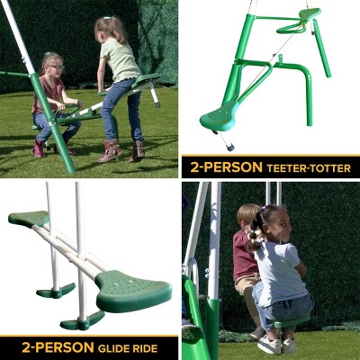Green and White Metal Swing Set with Slide and Glider