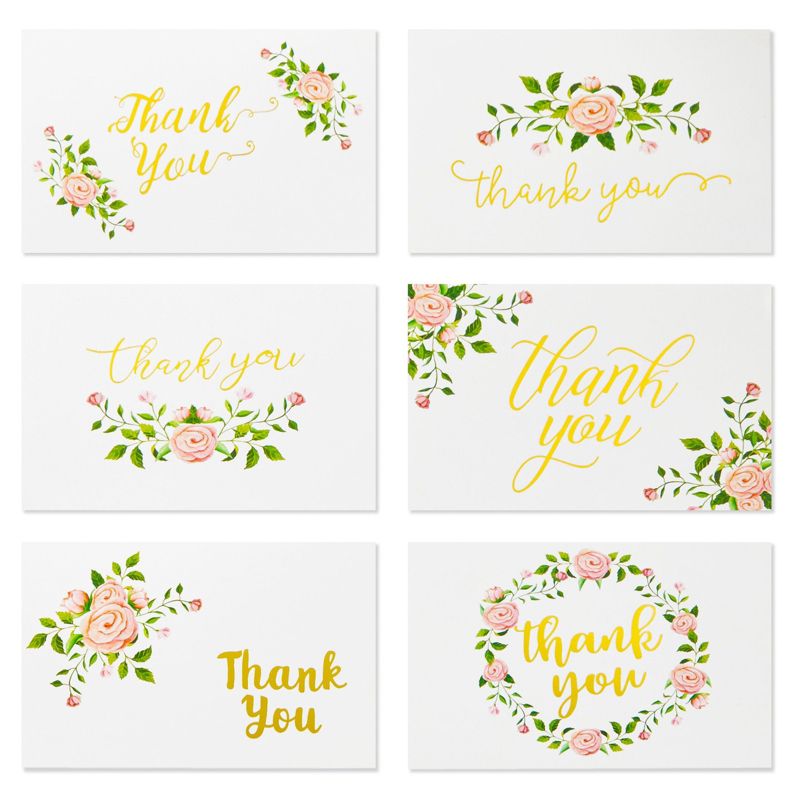 Paper Junkie 48 Count Floral Thank You Cards with Envelopes Set, Gold Foil Rose Thank You Notes for Wedding, Bridal & Baby Shower, 4x6 in, 1 of 9