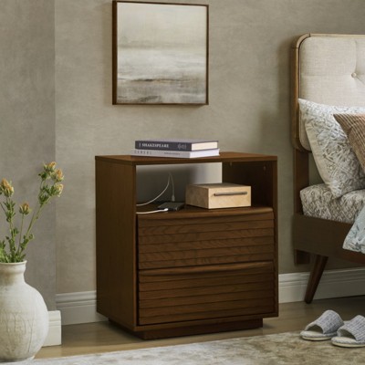 SKRAN Mid Century Nightstand with Charging Station & Outlet Hole & 2 Solid Wood Drawers,Farmhouse Dresser  with Open Shelf & Drawer