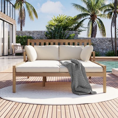 Acacia Wood Outdoor Daybed with Removable Cushions and Pillows, Ergonomic Frame for Patio, Garden or Poolside Relaxation - Coolbibila