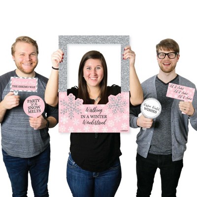 Big Dot of Happiness Pink Winter Wonderland - Snowflake Birthday Party or Baby Shower Photo Booth Picture Frame & Props - Printed on Sturdy Material