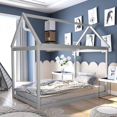 Gray Twin House Bed with Wood Frame and Roof