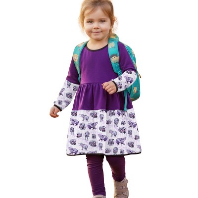 The Pink Picket Fence Lulu Hippo Twirl Dress Set for Girls – 100% Natural Cotton Long Sleeve Dress with Matching Leggings & Scrunchie – Hippo Print