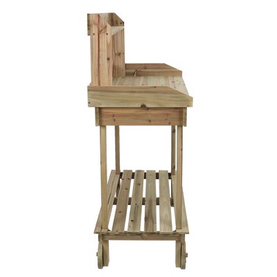 Natural Fir Wood Mobile Potting Bench with Drawer and Shelves