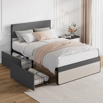 Whizmax Upholstered Platform Bed Frame with 2 Storage Drawers, Mattress Foundation with Steel Slats Support, No Box Spring Needed