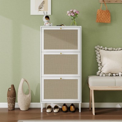 ALEXOUN Rattan 3 Door Shoe Rack - Freestanding Shoe Storage Cabinet,Easy to Assemble & Spacious Organizer for Entryway, Living Room,Porch