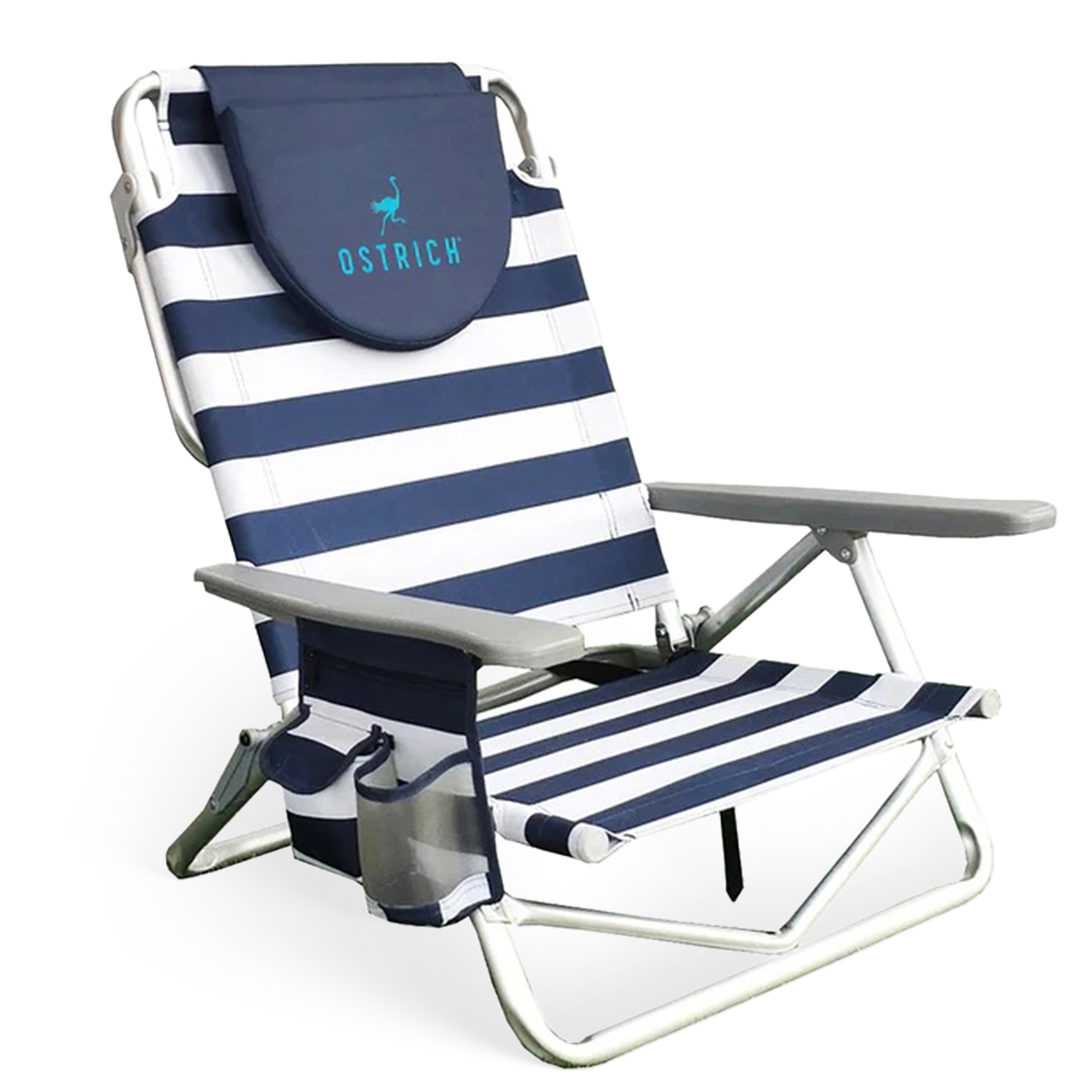 Ostrich The Lightweight Backpacker, Portable Beach Chair w/Face Hole, Adjustable Lounge Chair w/Face Opening, Cup Holder, & 275lb Capacity, Stripe