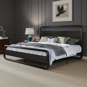 King Size Metal Bed with Curved Wood Head & Footboard, Heavy Duty Platform Bed Frame, Under-Bed Storage, Easy Assembly, Black - 1 of 4