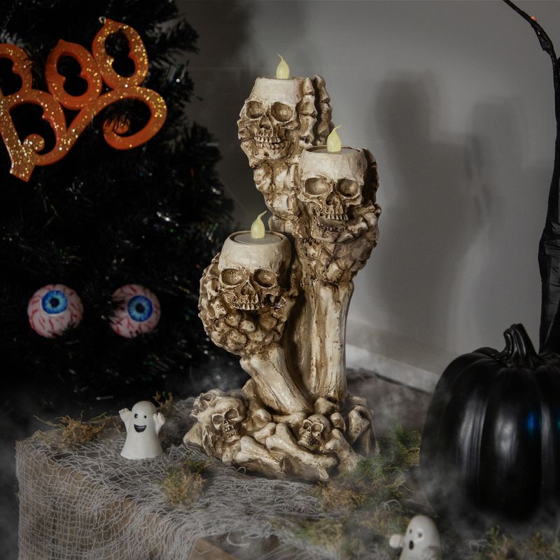Northlight 12" Triple Skulls Halloween Tea Light Candle Holder, 2 of 9