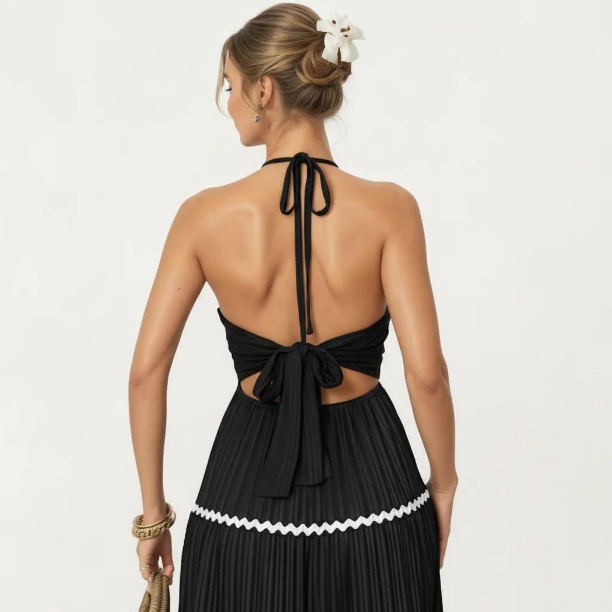 Anna-Kaci Women's Sleeveless Halter Neck Maxi Dress with Pleated Fabric Contrast Trim Detail and Tiered Flowy Design - thumbnail 6