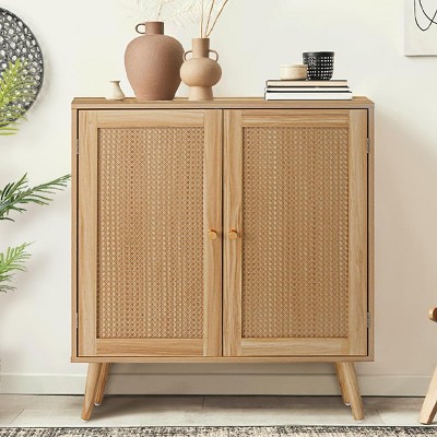 Jojoka Rattan Buffet Cabinet with Storage, Farmhouse Sideboard with Adjustable Shelves & Solid Wood Feet,Brown