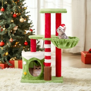 32in Cat Scratching Posts Tower with Cat Condo and Hammock, Christmas Themed Plush Cat Tree with Cat Massage Brush, Activity Center for Indoor Cats - 1 of 4