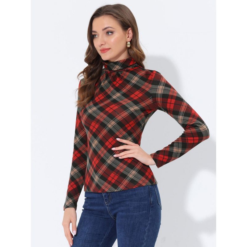 Allegra K Women's Long Sleeve Pleated Front Turtleneck Stretch Slim Plaid Blouse, 6 of 7