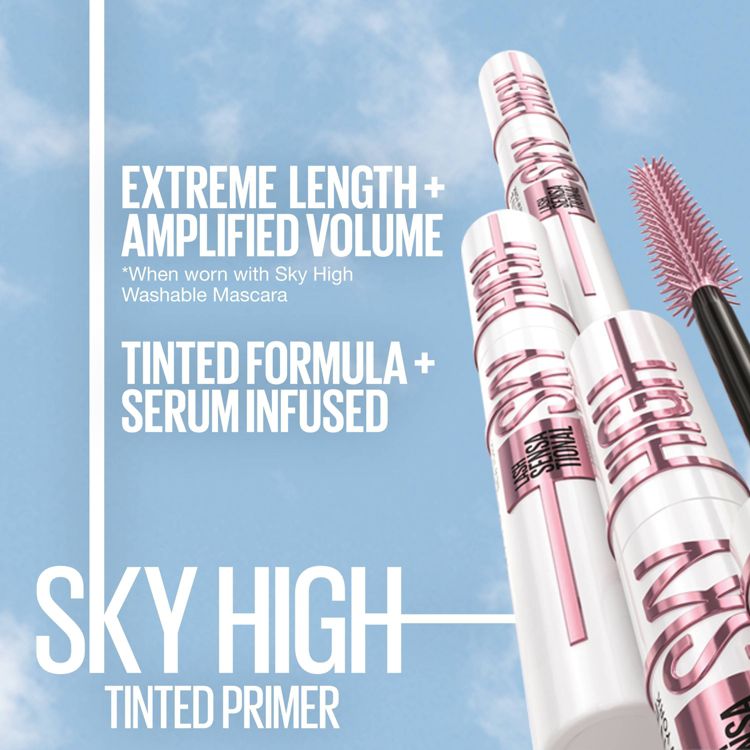 Maybelline Lash Sensational Sky High Tinted Primer Mascara in soft black, featuring a pink and white tube with a matching pink brush. Text highlights "Extreme Length + Amplified Volume" and "Tinted Formula + Serum Infused" against a blue sky background.