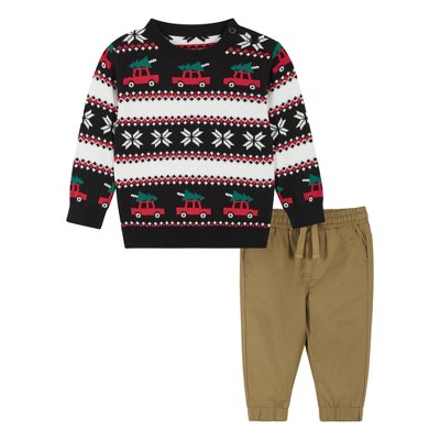Image of Andy & Evan Infant  Boys Black Vintage Cars Jacquard Sweater Set, Size 0-3 Months.