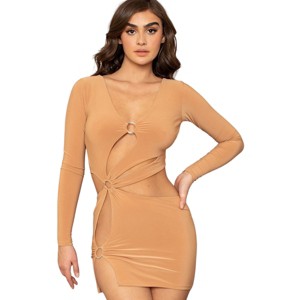 Slickblue Women's Cutout Mini Dress, V Neck, Metal Ring Detail, Long Sleeve Style, Red/Camel/Royal, Size S-L - 1 of 4
