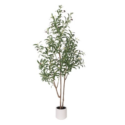 Tree City 5.2ft Faux Olive Tree - 2 Stems Artificial Olive Plant with 560 Leaves, Black Sand in White Pot for Home Decor