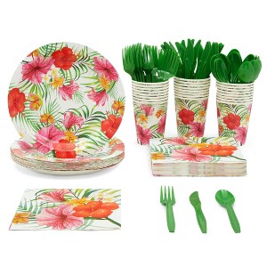 Blue Panda 144 Pieces Disposable Hawaiian Luau Dinnerware Set, Tropical Party Supplies (Serves 24) - 1 of 4