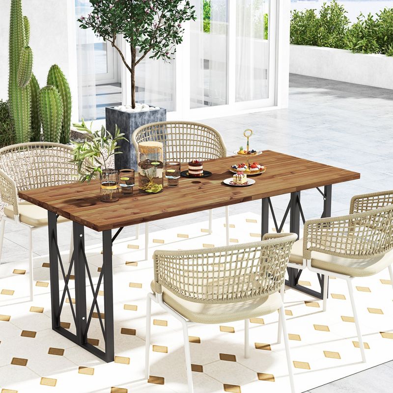 Costway 67'' Patio Rectangle Table Heavy-Duty Acacia Wood Dining Table with Umbrella Hole, 4 of 10