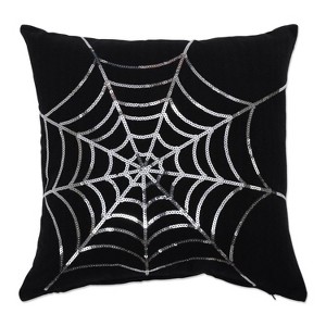 18"x18" Spider Web Square Throw Pillow Black/Silver - Pillow Perfect: Indoor, Zipper, Sequined, Appliqued - 1 of 4
