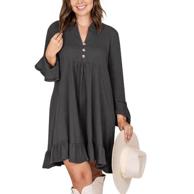 WhizMax Women V-Neck Ruffle Edge Loose-Fit Casual Long Sleeve Dress
