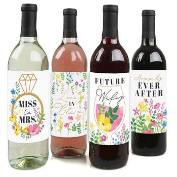 Big Dot of Happiness Wildflowers Bride - Boho Floral Bridal Shower and Wedding Party Decorations - Wine Bottle Label Stickers - Set of 4