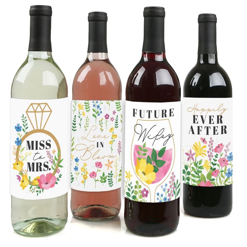 Big Dot of Happiness Wildflowers Bride - Boho Floral Bridal Shower and Wedding Party Decorations - Wine Bottle Label Stickers - Set of 4, 1 of 9