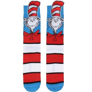 Cat In The Hat Socks Adult Mid Calf Crew Socks with 3D Embroidered Hat - 1 of 4