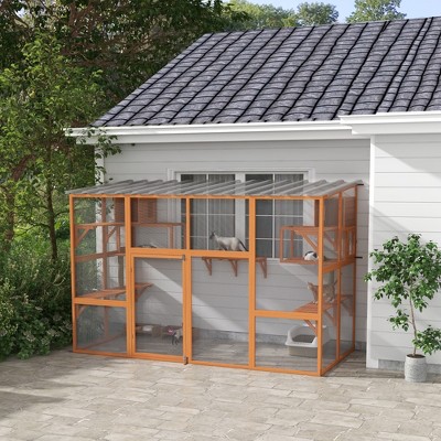 Large Orange Wooden Outdoor Cat House with Weather Protection Roof