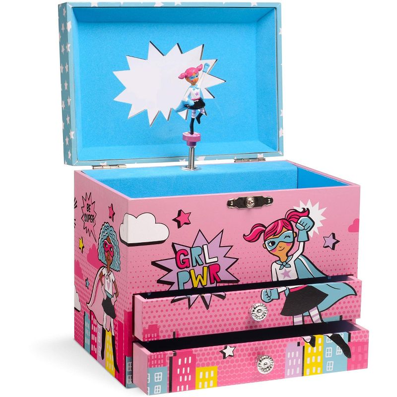 Jewelkeeper Girl Power Superhero Musical Jewelry Box with 2 Pullout Drawers, Fur Elise Tune, Pink, 1 of 6