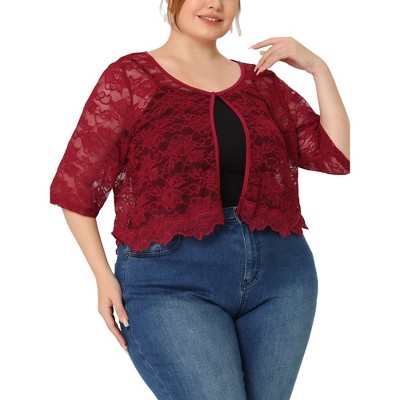 Agnes Orinda Women's Plus Size Round Neck Sheer 3/4 Sleeve Lace Elegant Cardigans