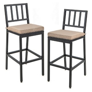 Costway Set of 2 Patio Metal Bar Stools Outdoor Bar Height Dining Chairs with Cushion - 1 of 4