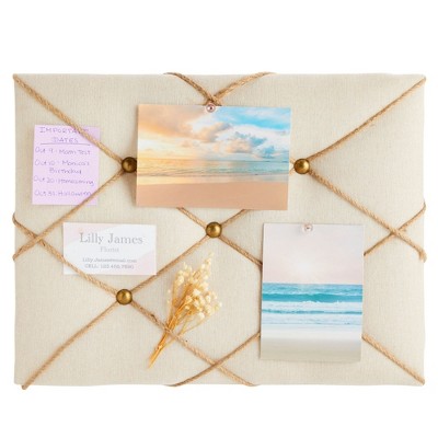 Beige Linen Fabric Photo Bulletin Board with Brass Accents, 16" x 12"