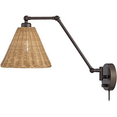 Bronze Mid Century Modern Swing Arm Wall Lamp with Natural Rattan Shade