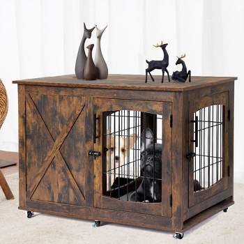 Wooden Dog Crate Table with Tray, Dog House Kennel & Side End Table Cage