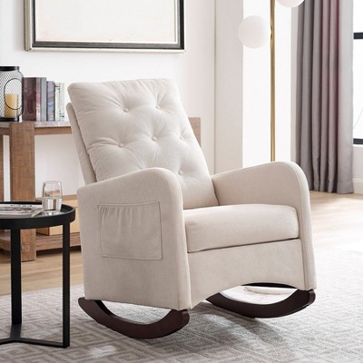Image of Nursery Rocking Chair, Upholstered Glider Chair with Side Pocket, Comfy Reading Chair with High Backrest, Accent Armchair for Living Room Bedroom