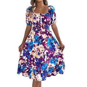Coolmee Women Square Neck Short Sleeve Midi Dress Summer Boho Floral Swing Beach Dress - 1 of 4