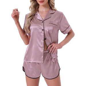 cheibear Women's 2 Pcs Satin Silky Short Sleeve Button Down Loungewear Shorts Pajamas Set - 1 of 4